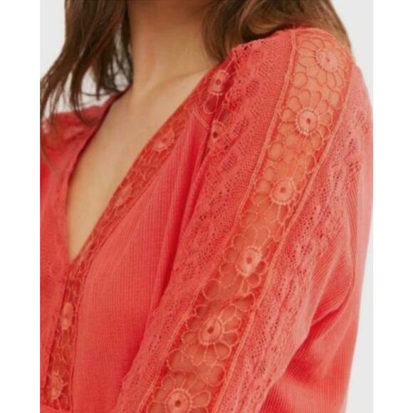 Free People Pink Lola Lace Floral V-Neck Sheer Coral Top Shirt Size Small - Picture 2 of 16